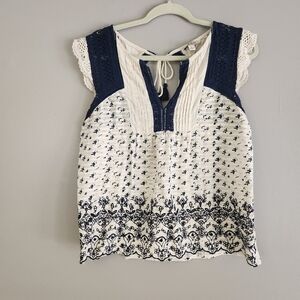 Lucky Brand Womens Embroidered Boho Top Navy blue and white Size L tie back